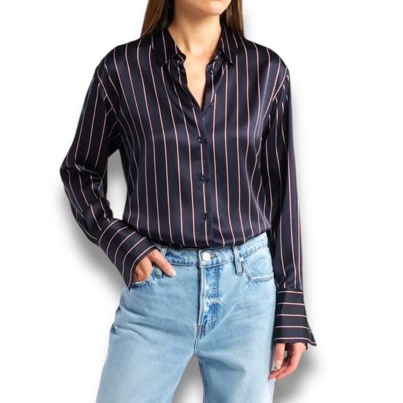 The Standard Stripe Silk Button-Up Shirt in Burnt Henna Multi Size XS - Picture 2 of 12